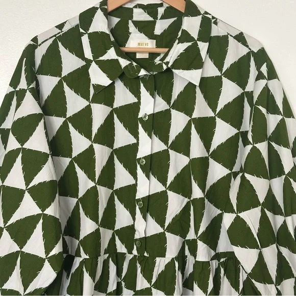 Anthropologie Green and White Geometric Long Sleeve Dress Size 2x - Picture 2 of 16